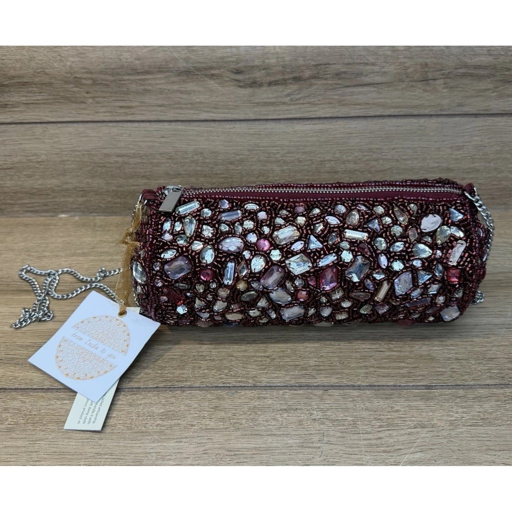 Handcrafted Artisans India Beaded Barrel Clutch Burgundy Evening Bag NWT